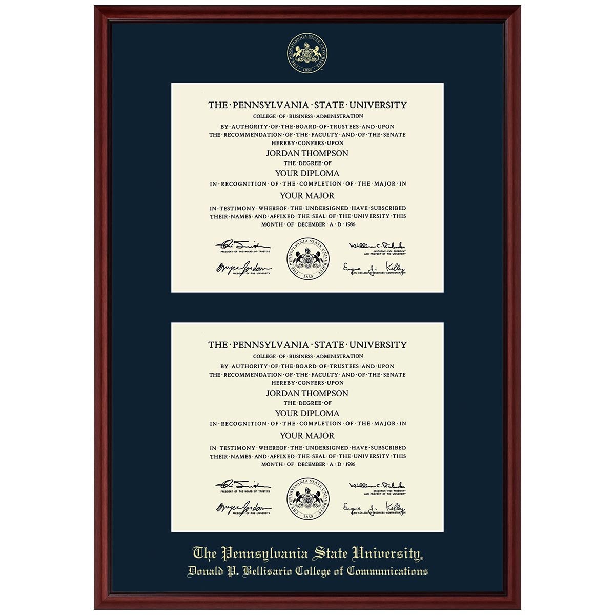 #101 Donald P. Bellisario College of Communications double diploma frame Camby (Mahogany)